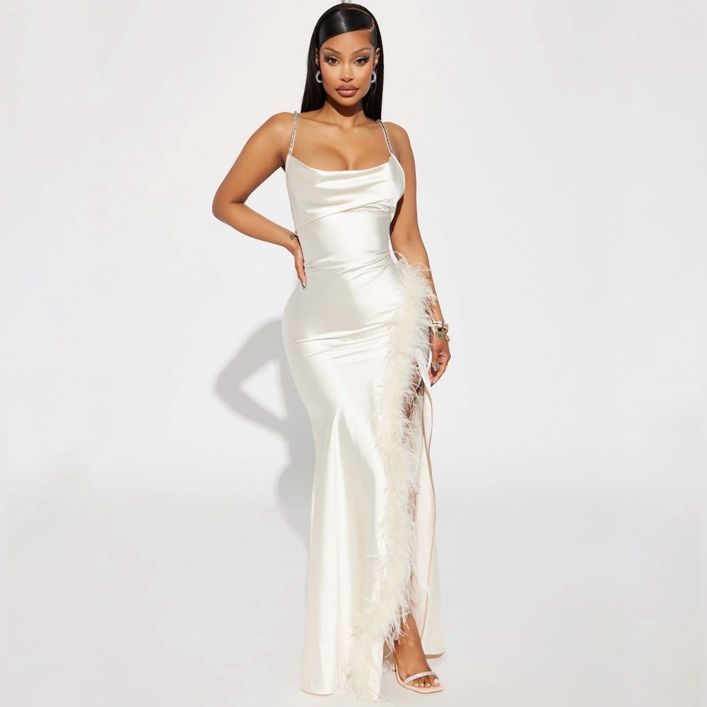 Isabella Feather Trim Satin Gown - Cream fashion nova